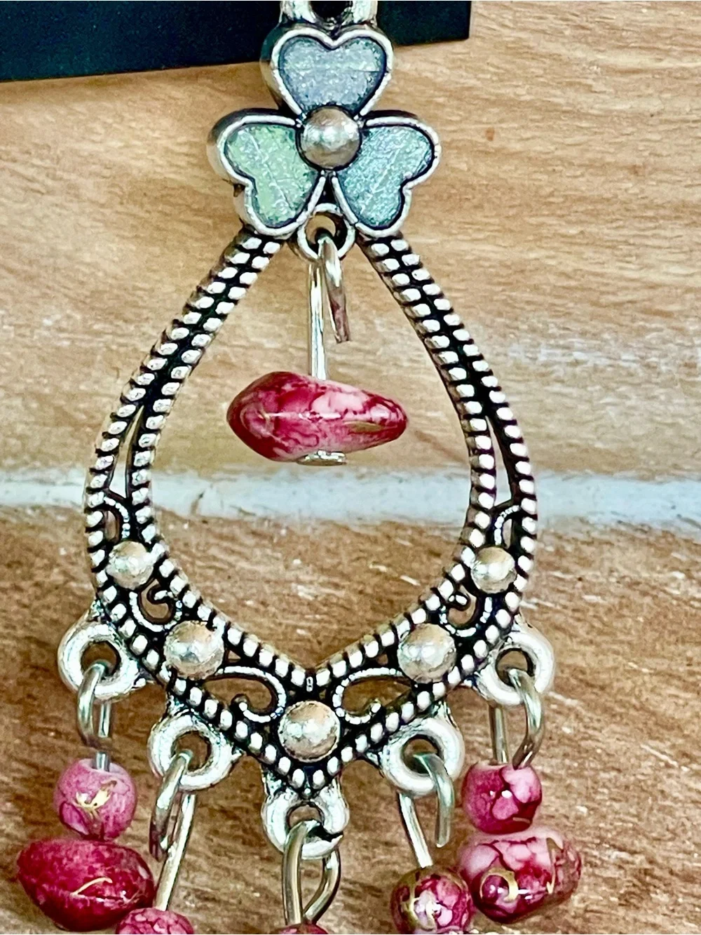 Red Boho Glass Bead Dangle Earrings with Silver Filigree
